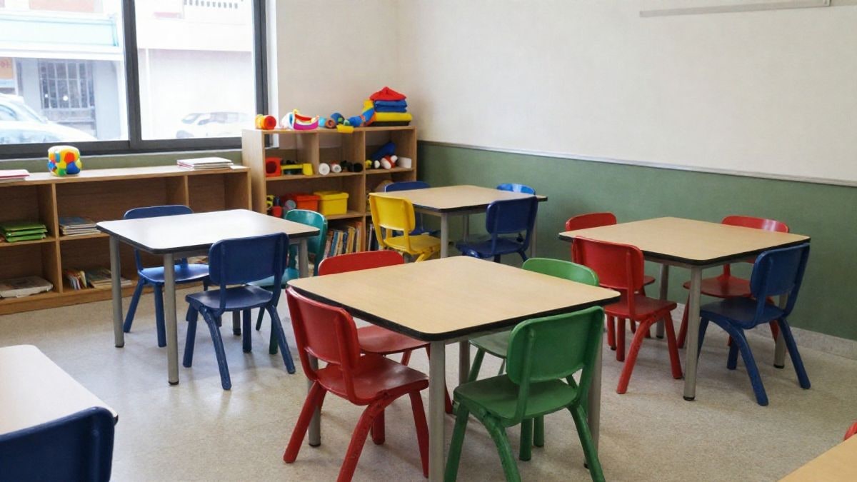 Imagen ilustrativa: un aula infantil con mesas y sillas de colores y una estantería con juguetes.