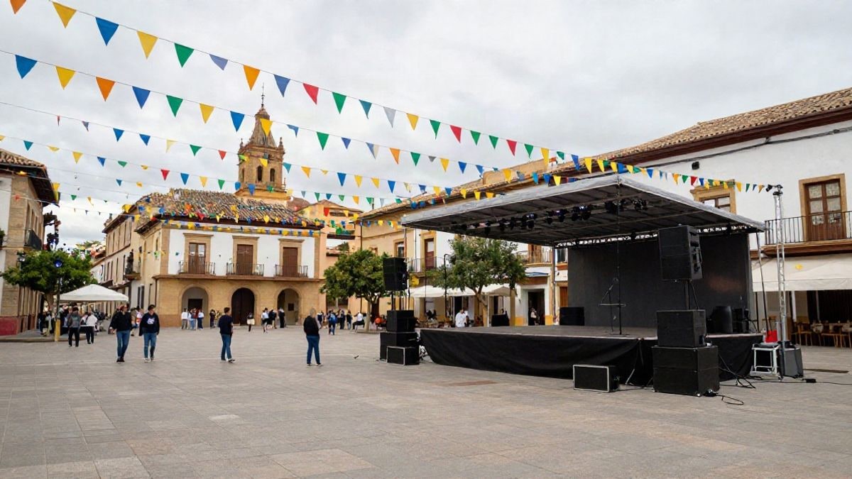Imagen ilustrativa: plaza de un pueblo español engalanada con banderines y un escenario vacío para conciertos.