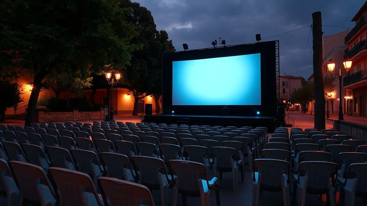 Imagen ilustrativa: pantalla de cine al aire libre con sillas vacías en un patio iluminado por farolas y luces de colores.