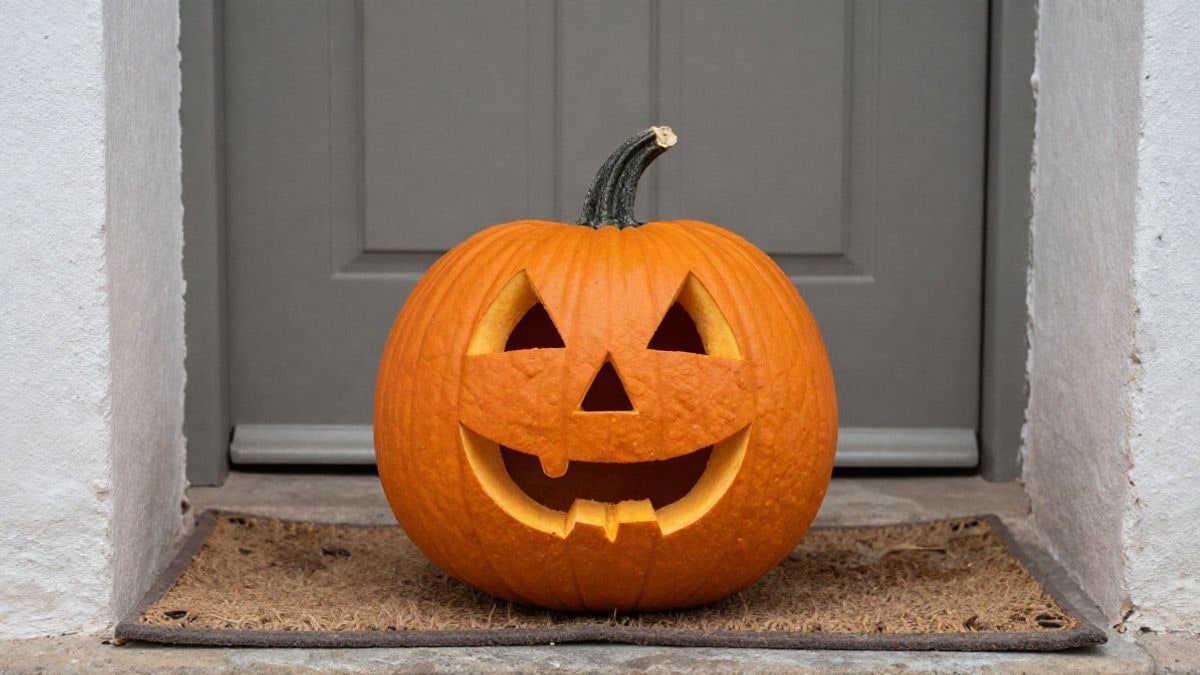 Imagen ilustrativa: calabaza tallada sobre un felpudo junto a una puerta de vivienda, con luz de día nublado
