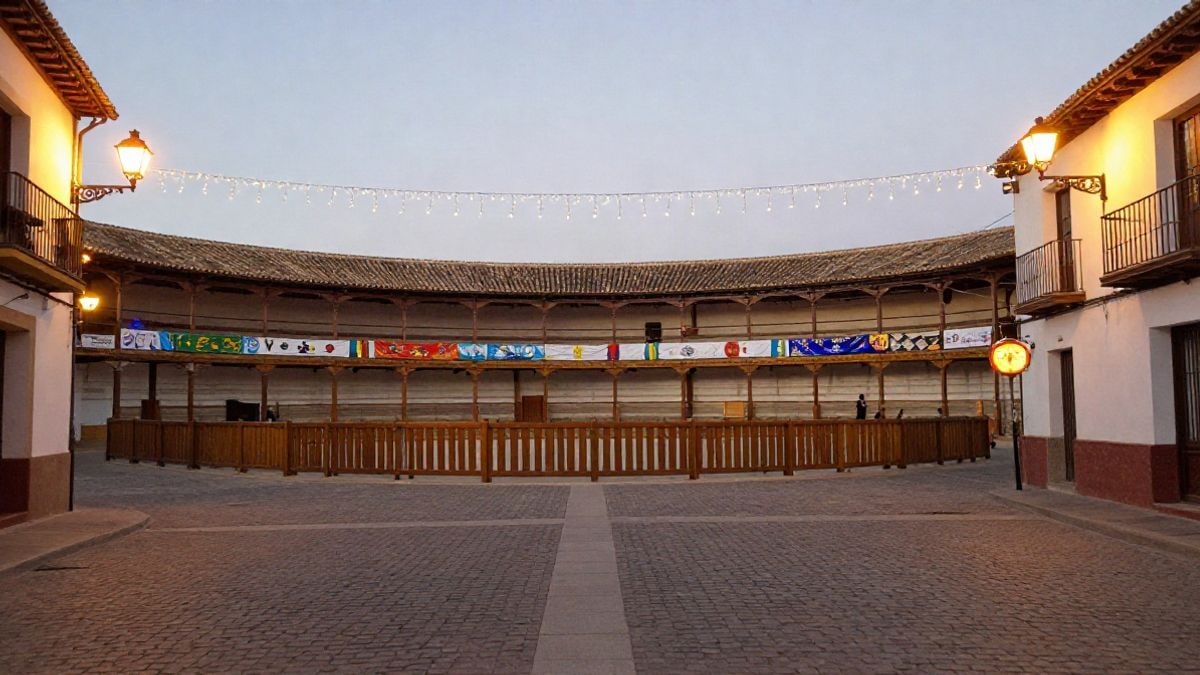 Illustrative image: a Spanish village square adorned with festive lights and a bullring in the background, at night.