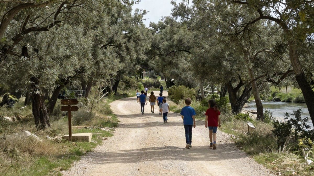 Imagen ilustrativa: sendero de tierra entre árboles en un bosque mediterráneo, con niños caminando a lo lejos.