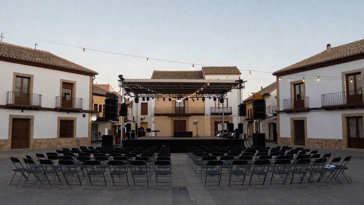 Imagen ilustrativa: plaza de un pueblo con sillas vacías y un escenario montado para un concierto