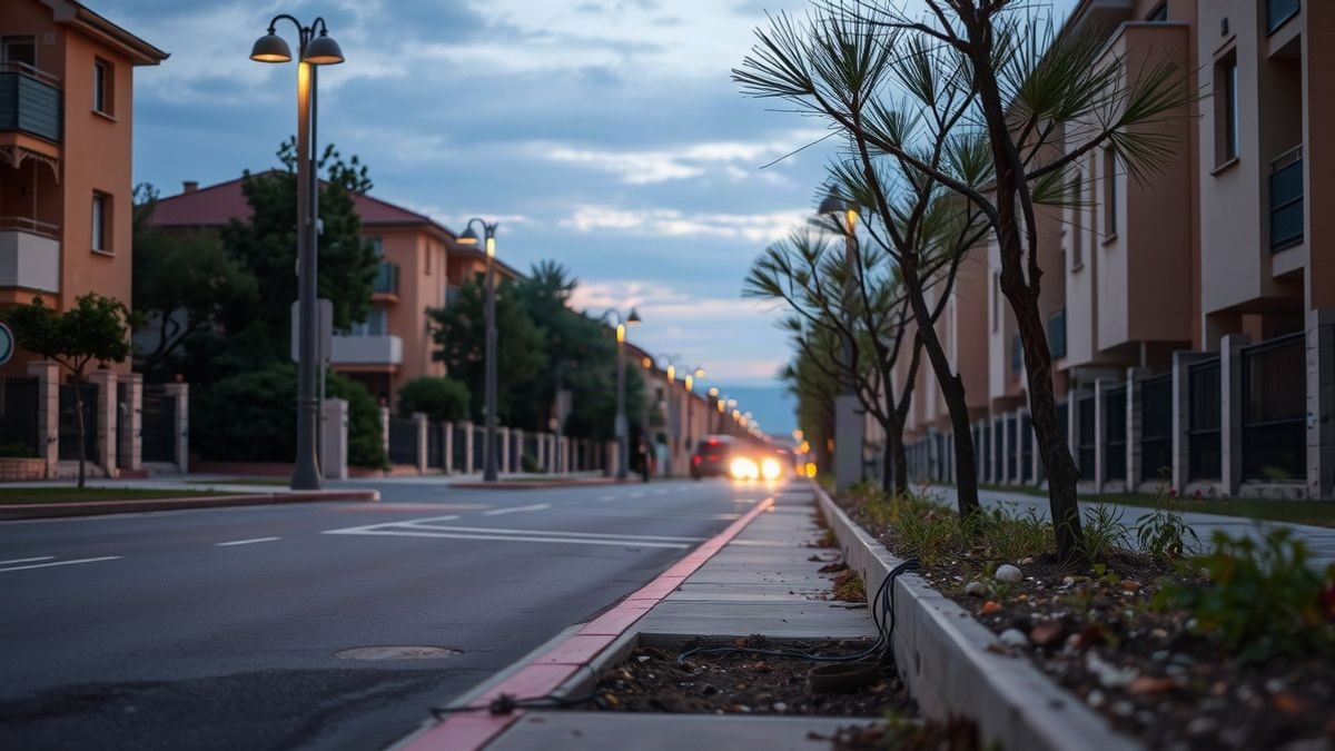 Imagen ilustrativa: calle de una urbanización con farolas y obras de renovación del alumbrado