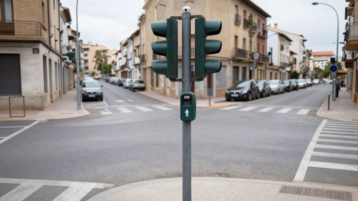 Imagen ilustrativa: semáforo inteligente con cámara y pulsador en una esquina de una calle española.
