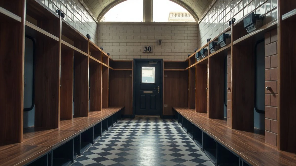 Imagen ilustrativa: interior de un vestuario deportivo vacío con taquillas y bancos, con luz natural.
