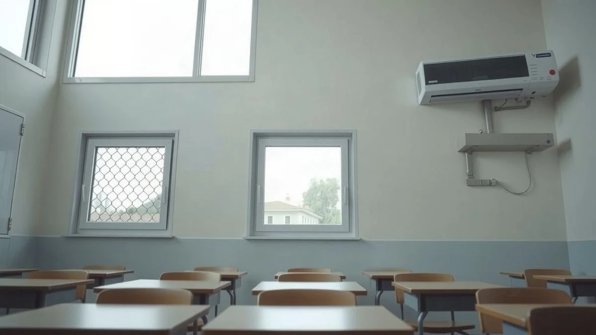 Imagen ilustrativa: aula de un colegio con ventanas nuevas y un equipo de aerotermia en la pared