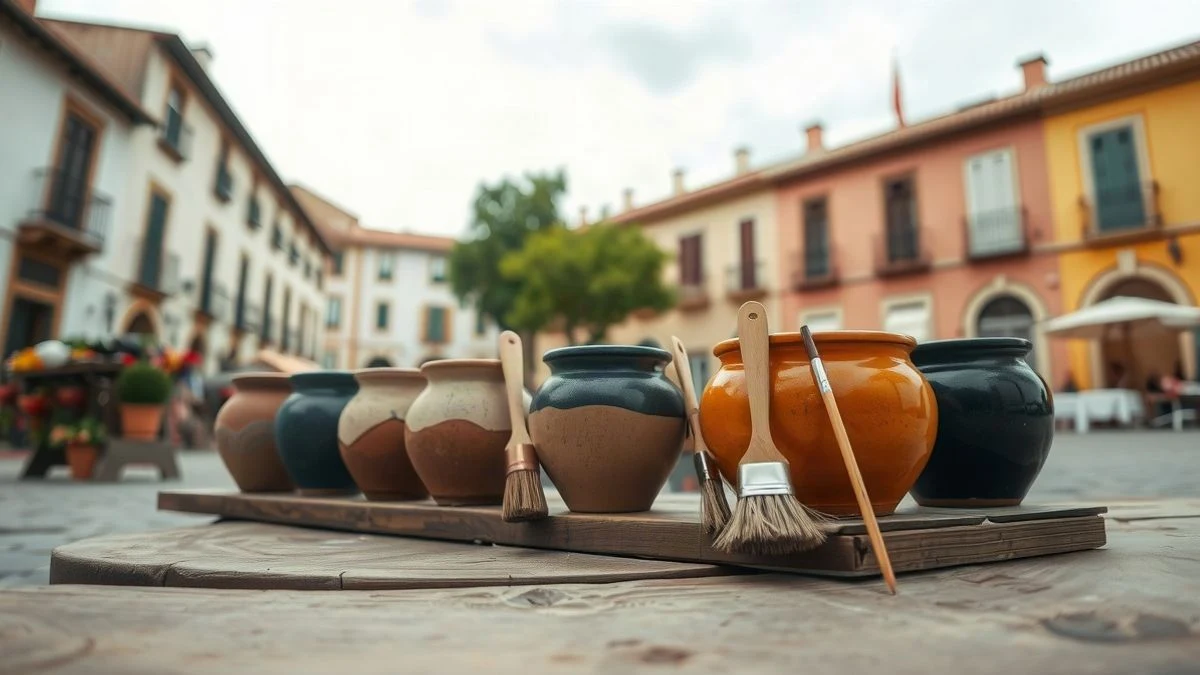 Imagen ilustrativa: materiales de cerámica y pinceles en un taller al aire libre en un pueblo español.