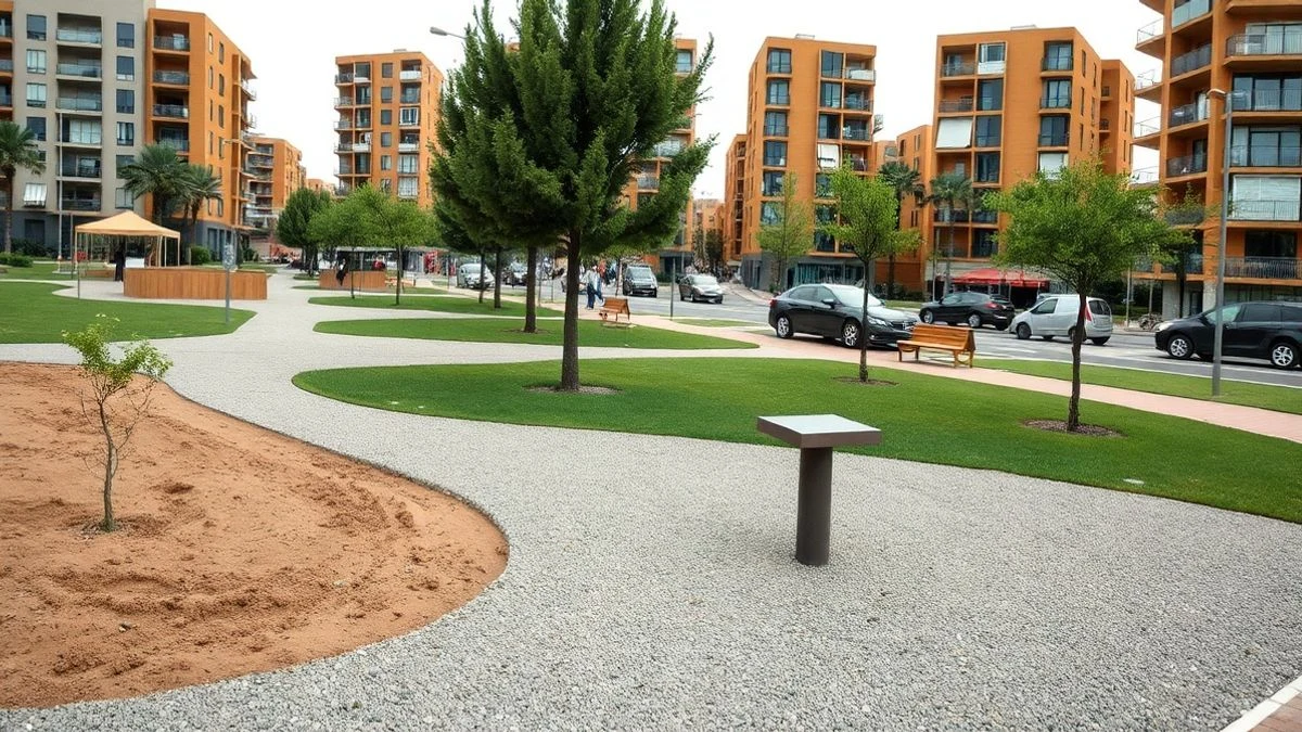 Imagen ilustrativa: parque urbano en obras con árboles jóvenes y caminos de grava