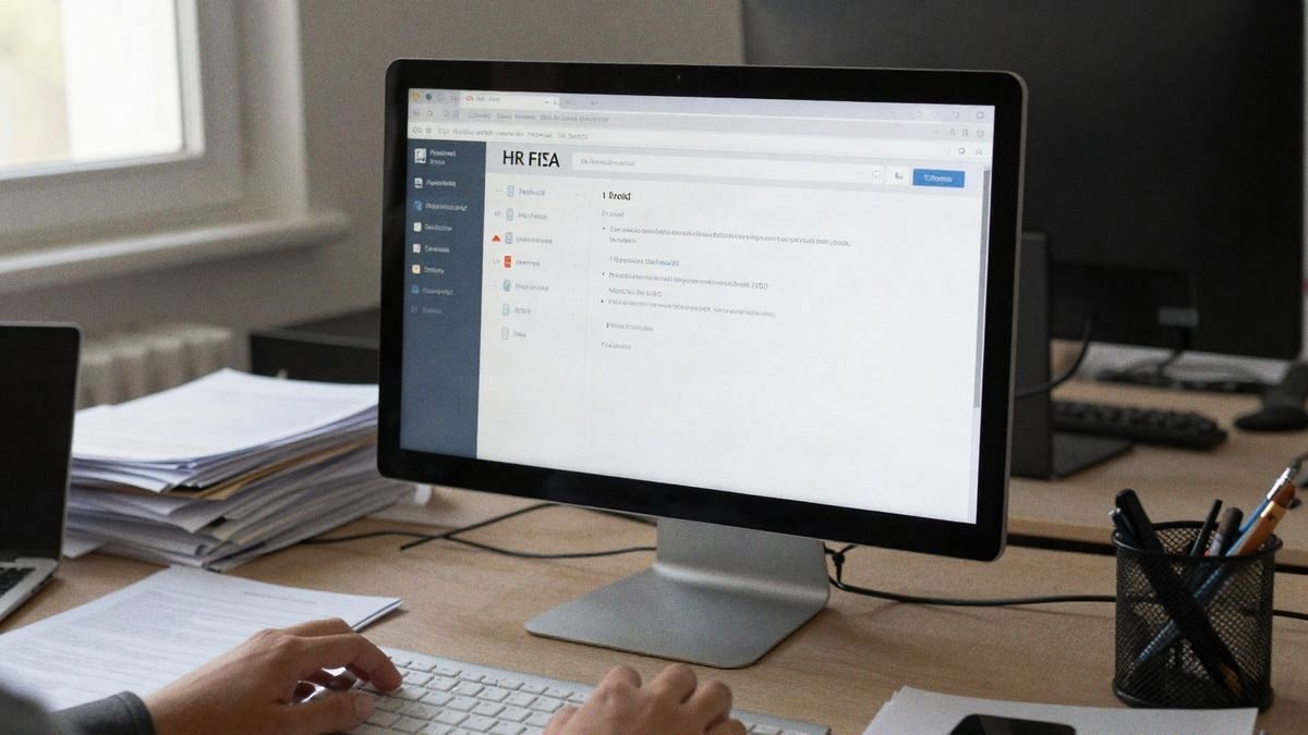 Un entorno de oficina moderno con software de recursos humanos en pantalla, rodeado de documentos y luz natural.