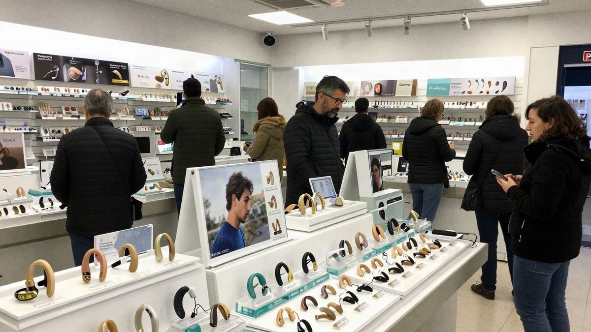 Hearing aid store in Madrid with modern devices on display and a bright, contemporary atmosphere.