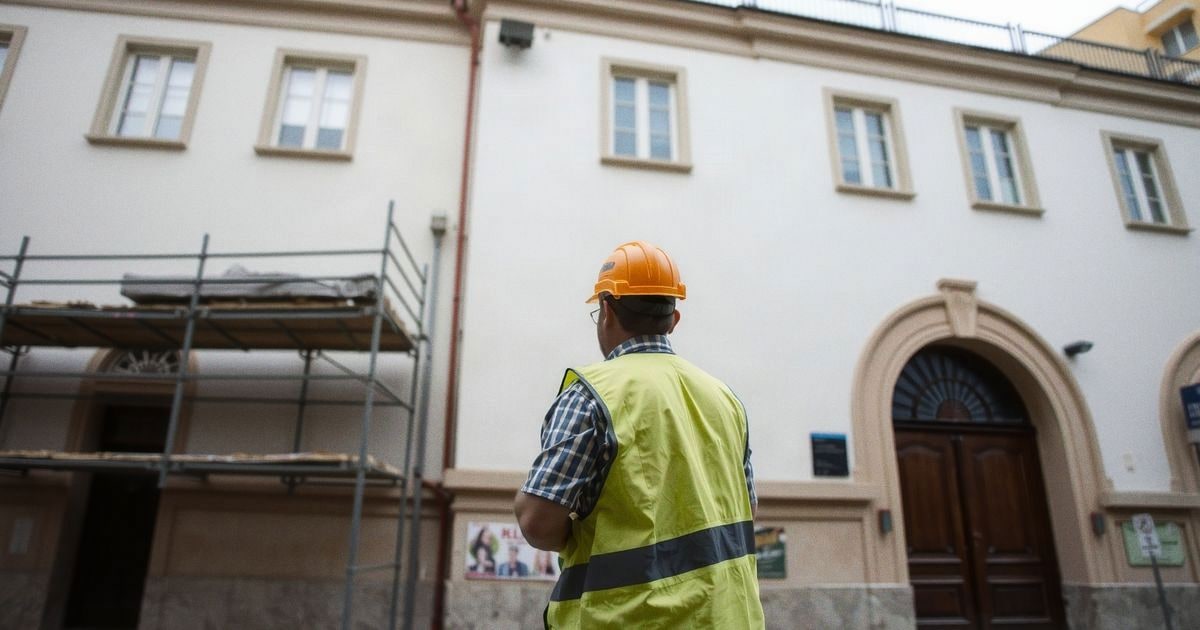 Imagen ilustrativa: un operario de mantenimiento revisa la fachada de un edificio municipal con andamios, en un día nublado.